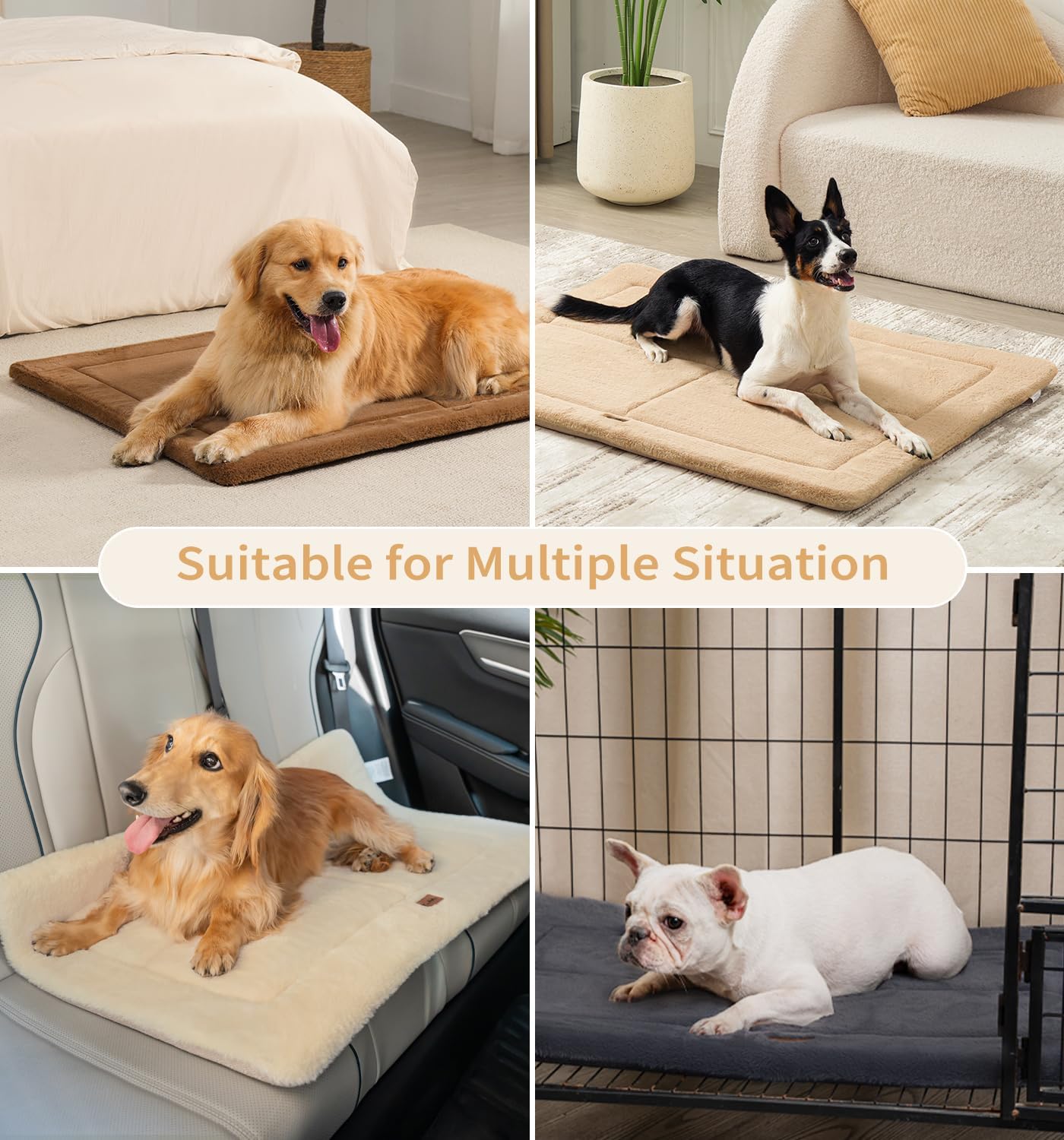 Made4Pets Dog Crate Pad Bed for Small Dogs, Washable & Reversible, Anti-Slip Kennel Mat for Cozy Sleeping, Soft Fluffy Dog Bed for Indoor & Outdoor Use, 24"x18", Khaki