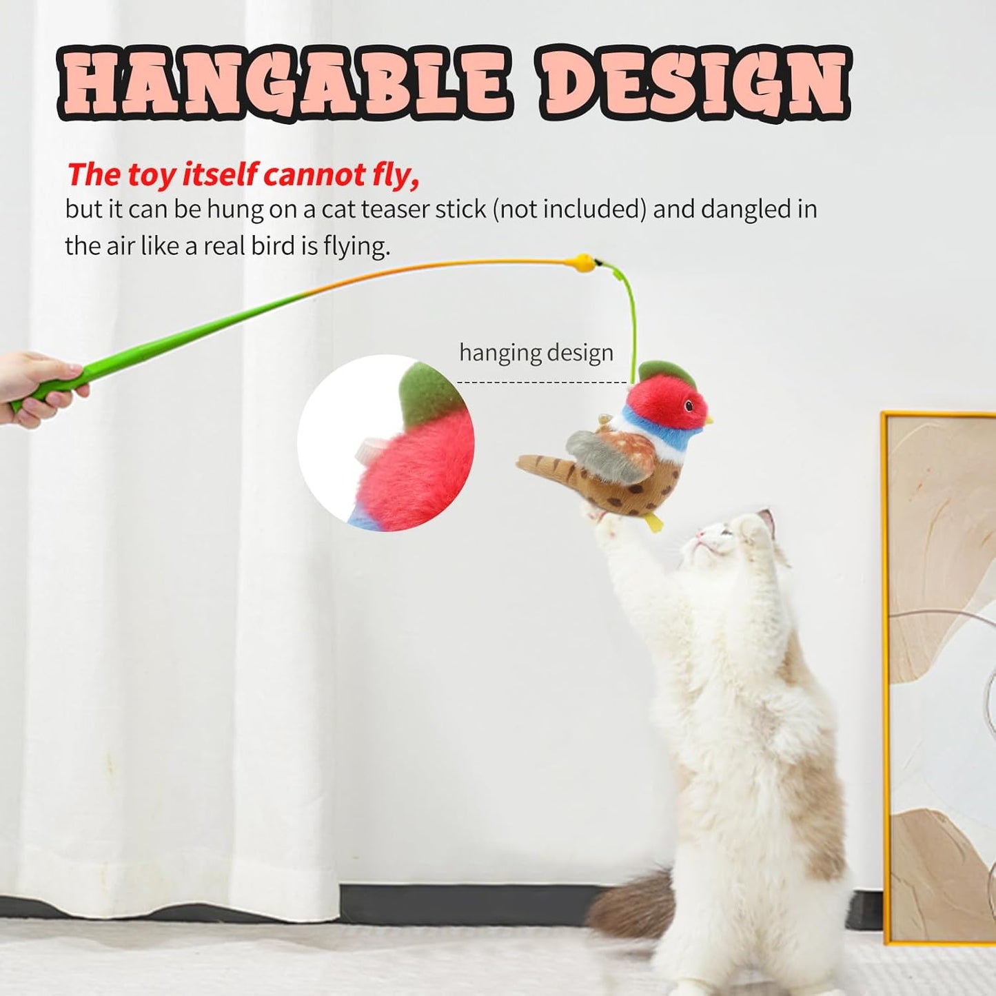 Cat Toys, Flapping Wings Cute Pheasant, No Flying, Chirping Bird Interactive Catnip Toy for Kitten or Small Dogs, Touch Activated, Rechargable