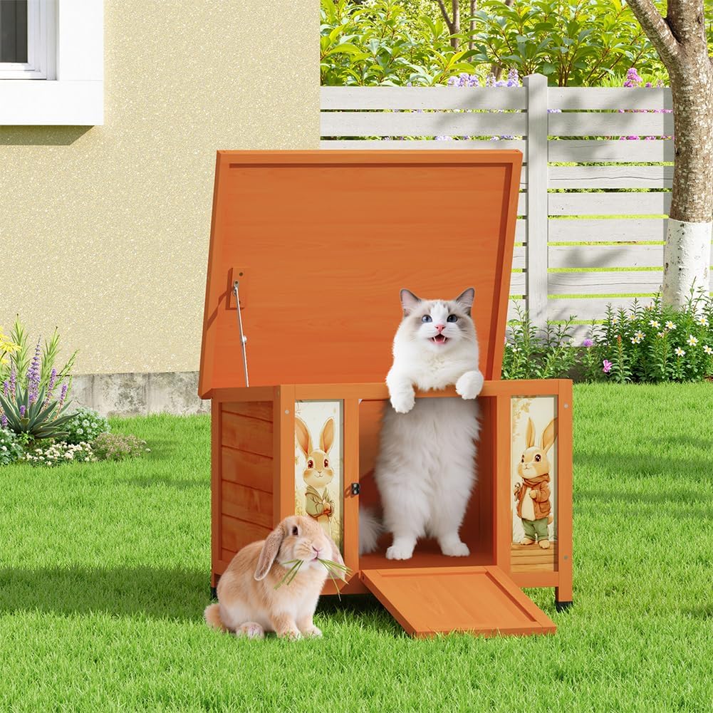 COZIWOW 24in Wooden Cat House Outdoor & Indoor Pet Shelter with Foldable Ramp - Weatherproof Rabbit Hutch with Unique Machine-Printed Art Designs for Cat, Rabbit, Guinea Pig (Orange)