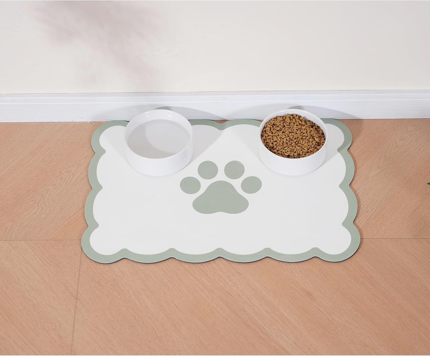 Ralxion Scalloped Dog Feeding Mat, Absorbent Mats for Dog Food and Water Bowl, Dispenser, Cute Elegant Aesthetic Preppy Sage Green Scallop Pet Placemat for Dogs, Cats, Puppy Accessories, 14" X 19”