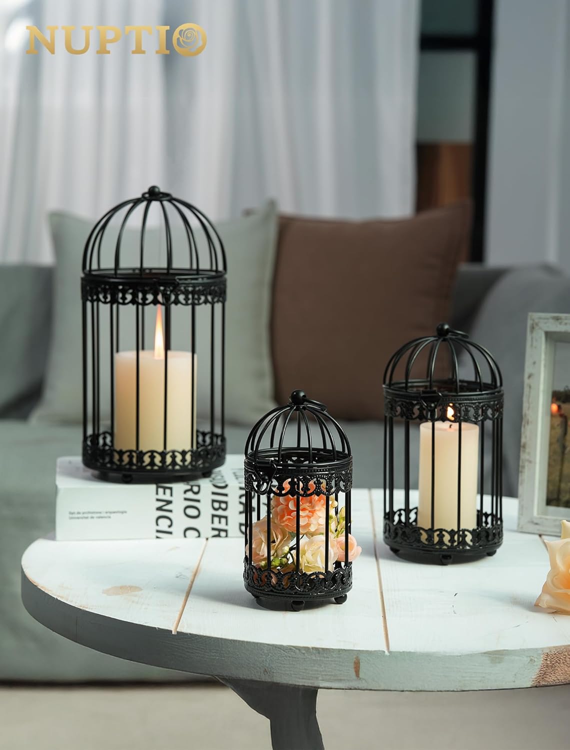 NUPTIO Black Decorative Bird Cage: Birdcage Hanging Lantern for Pillar Candles - Vintage Bird Cages Candle Holders for Halloween Christmas Table Centerpiece 7.7 Inch H