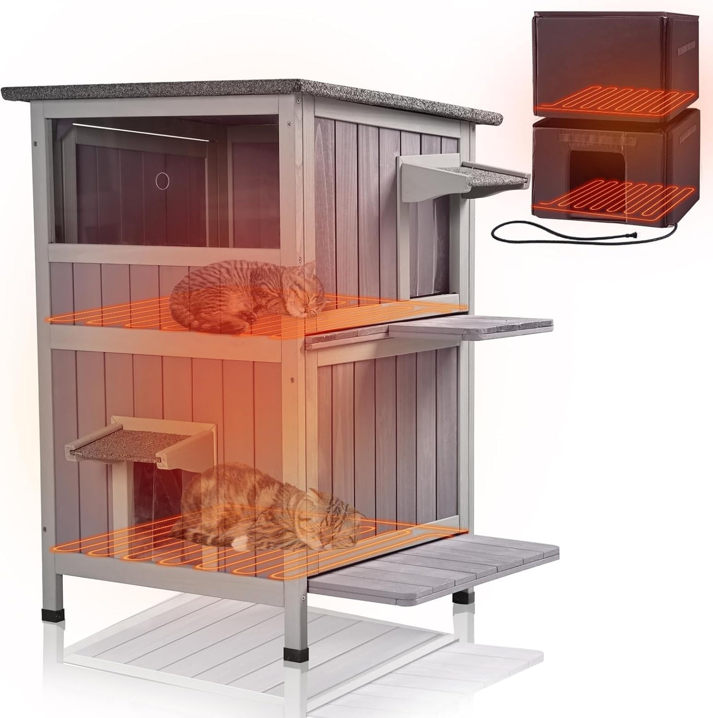 GUTINNEEN Outdoor Heated Cat House for Winter, Weatherproof Wooden Feral Cat Shelter with Escape Door, Heating Pad & Removable Mat(AIR14-Heated)