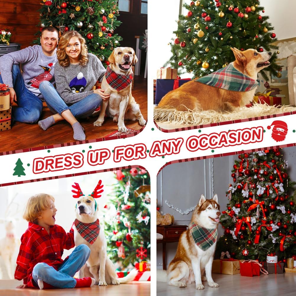 Vivifying Dog Christmas Bandana with Tassels Edges, 2 Pack Classic Plaid Triangle Pet Apparel & Accessories, Funny Holiday Dog Scarf Costume for Photo Prop, and Party Decor (X-Large, Red&Green)