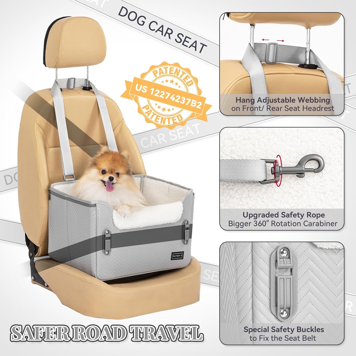 PETSFIT Dog Booster Car Seat, Waterproof PU Leather Dog Car Seats for Small Dogs with Patent Safe Buckles, Clip-On Leash, Pet Car Seat for Small Pets Up to 25lbs (Cool Grey)