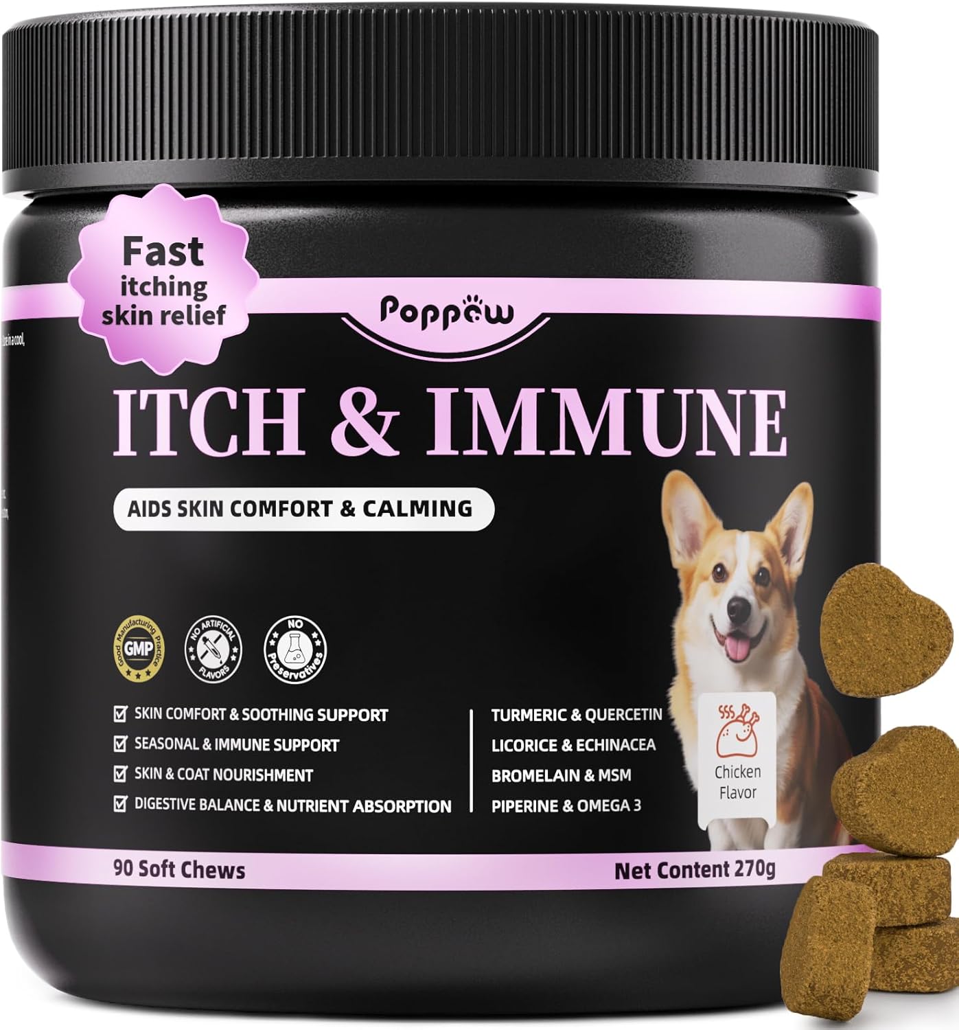 Dog Allergy Relief Chews, Itch Relief for Dogs – Turmeric & Omega-3 Supplements for Skin Comfort, Coat Health & Seasonal Support, Immune Care with Biotin & Quercetin – Chicken Flavor, 90 Count