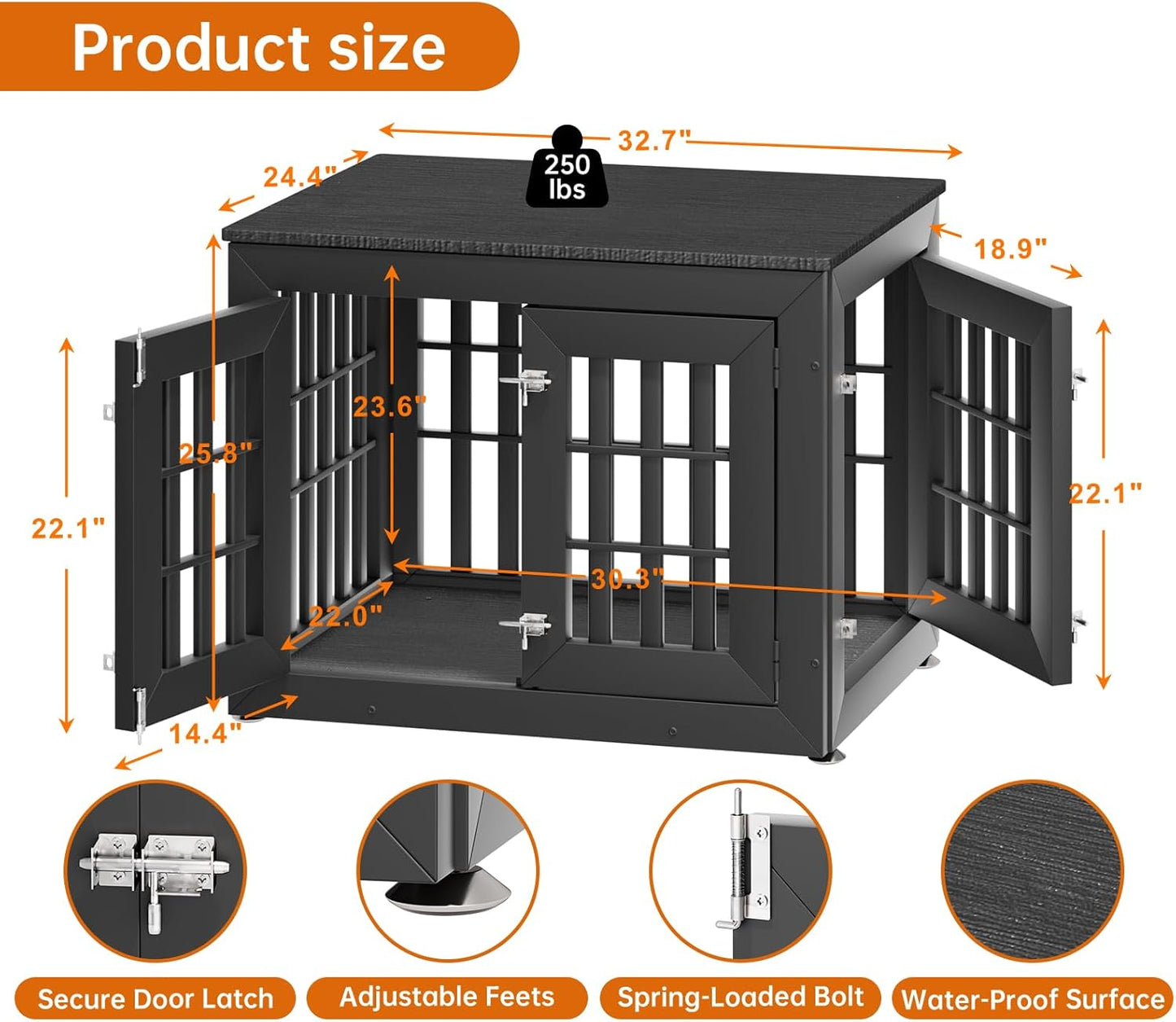 32" Heavy Duty Dog Crate Furniture for Small,Medium and Large Dogs,Rustic Wooden Dog Cage Kennel Indoor Furniture with Waterproof Top,Decorative Pet House Side End Table (Black)