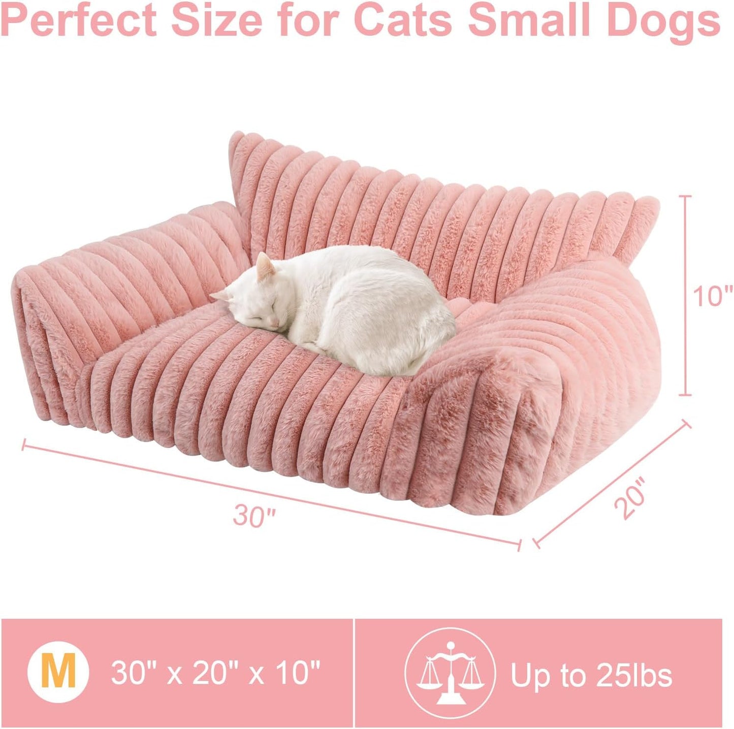 Cute Cat Couch Bed for Indoor Cats, Fluffy Pet Cat Sofa with Premium Soft Corduroy Fleece, Cute Small Dog Beds for Small Dogs, Fuzzy Puppy Chair with Removable Washable Cover (30x20x10,Pink)