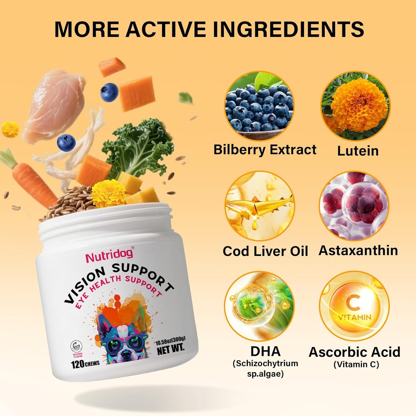 Eye Supplements for Dogs - Vision Support Soft Chews with Lutein, DHA & Vitamin C | 120ct Salmon Flavor Tear Stain Chews | Cataract & Dry Eye Relief Supplement (120 Ct, Salmon)