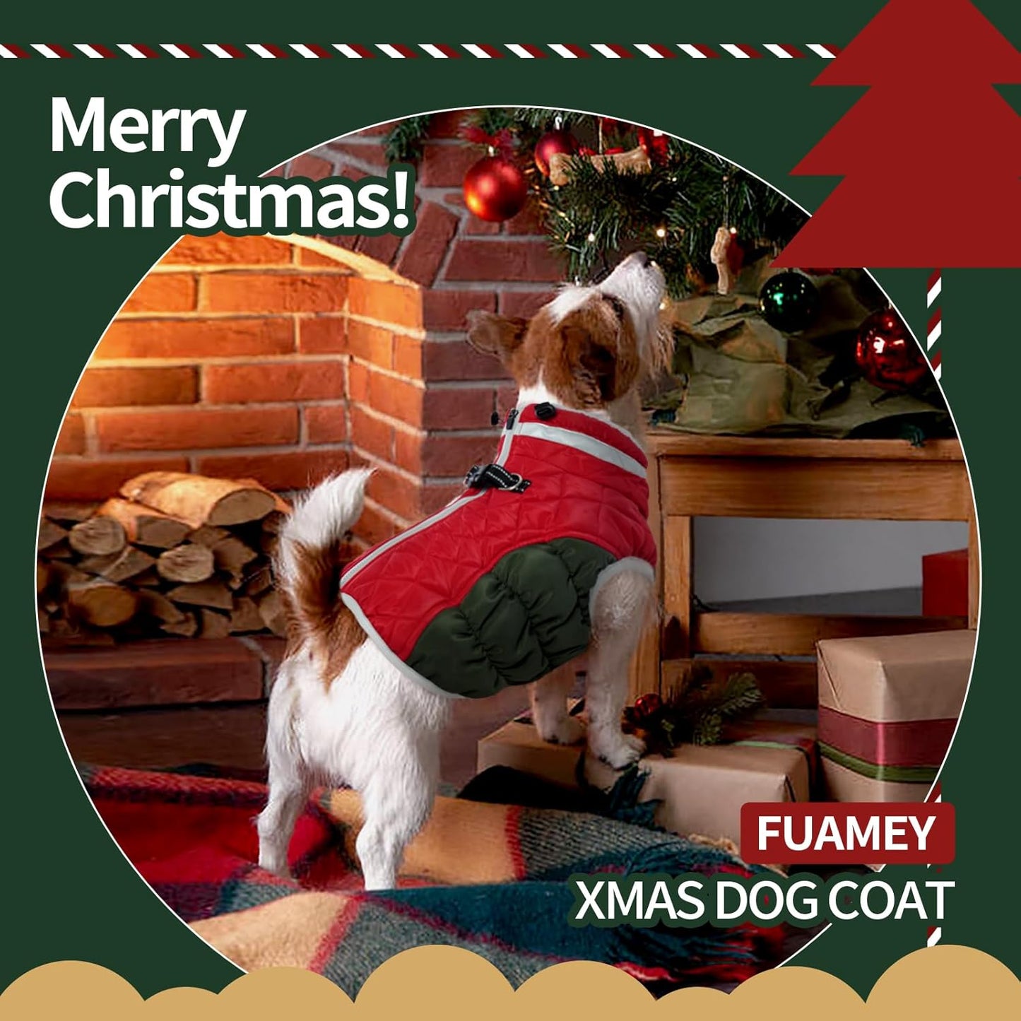 FUAMEY Dog Coat for Small Dogs,Waterproof Dog Winter Jacket with Harness Built in Puppy Cold Weather Coats Reflective Pet Vest with Zipper Warm Fleece Dogs Snowsuit Windproof Christmas XS