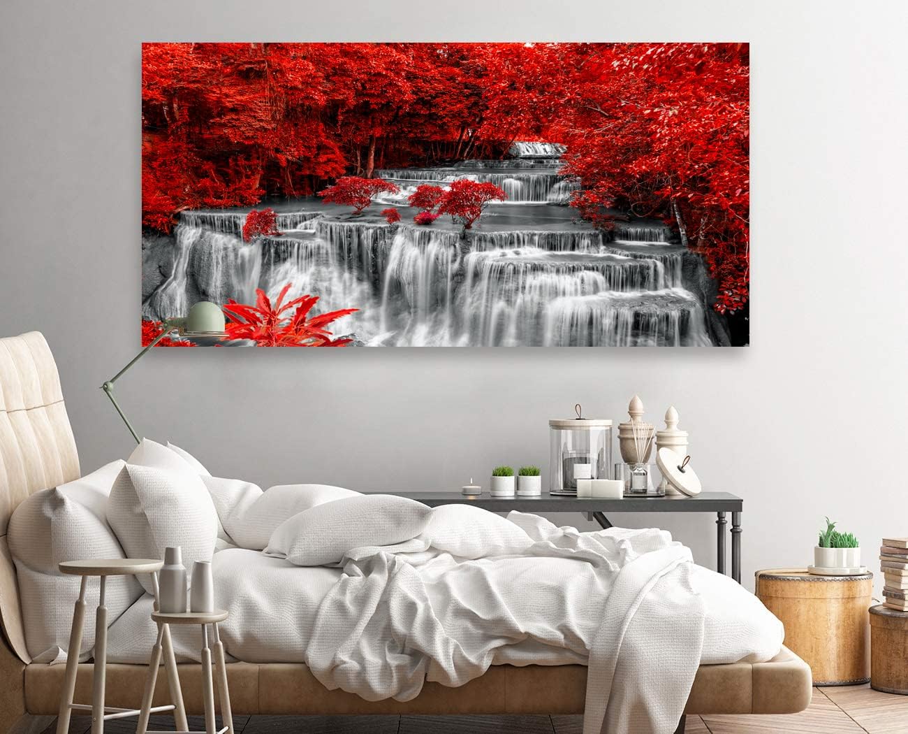 Yxbhhym Black White and Red Waterfall Canvas Wall Art- Red Tree Prints Landscape Posters Framed Picture - Nature Forest Scenery Paintings for Living Room Bedroom Home Office Wall Decor- Large