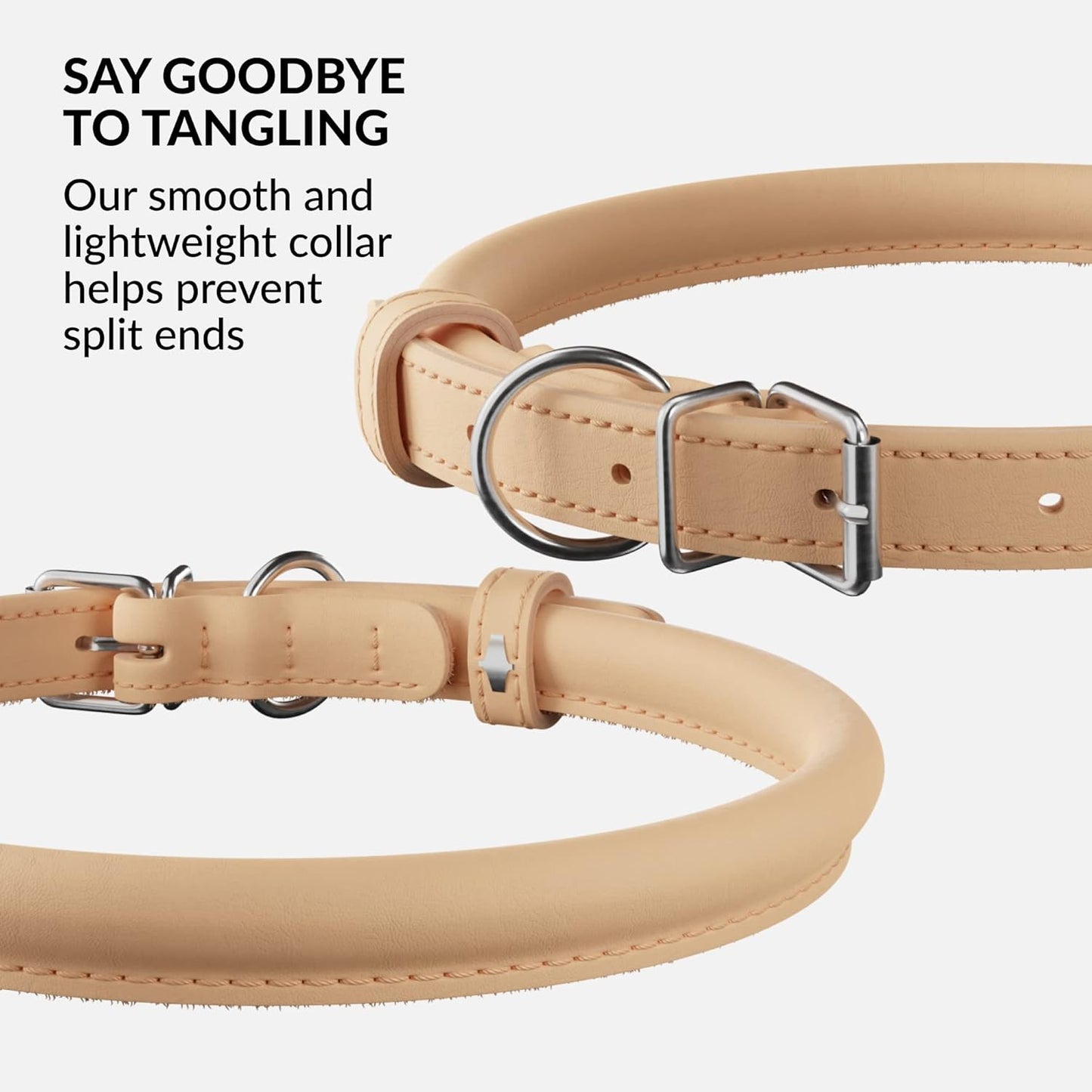 CollarDirect Rolled Leather Dog Collar, Soft Padded Round Puppy Collar, Handmade Genuine Leather Collar Dog Small Large Cat Collars 13 Colors (11-14 Inch, Beige Smooth)