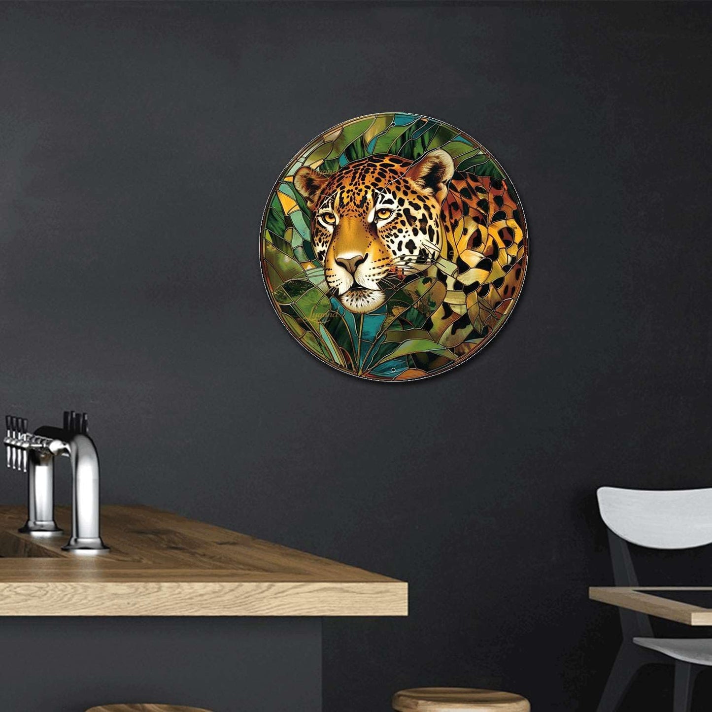 Lygond Metal Sign Tin Sign Circular Stained Glass jaguar Tin Signs for Women for Patio 8×8 Inches