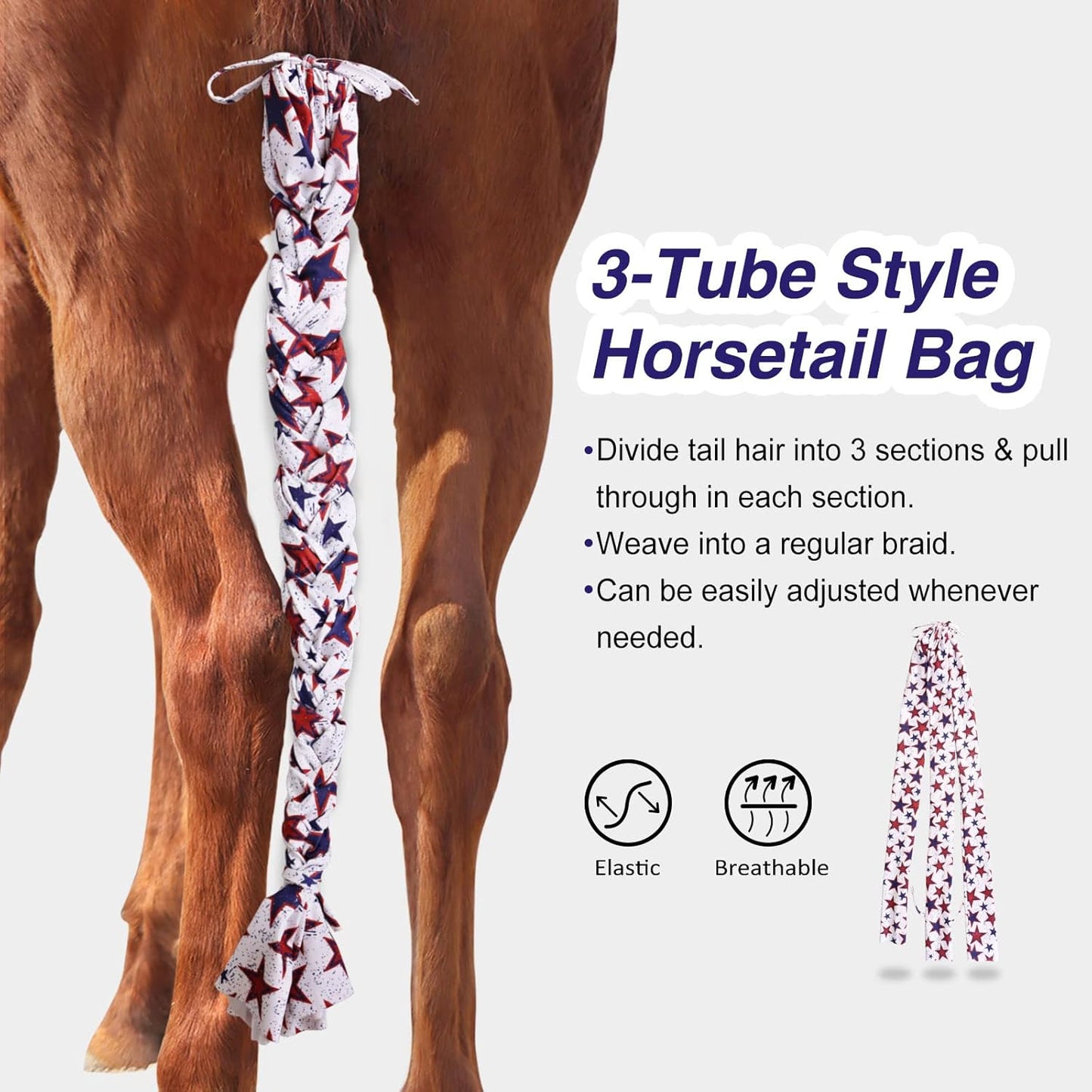 Harrison Howard 3 Tube Stretchy Fabrics Adjustable Closure Lightweight Horse Tail Bag for Horses Braid-in Tail Bag