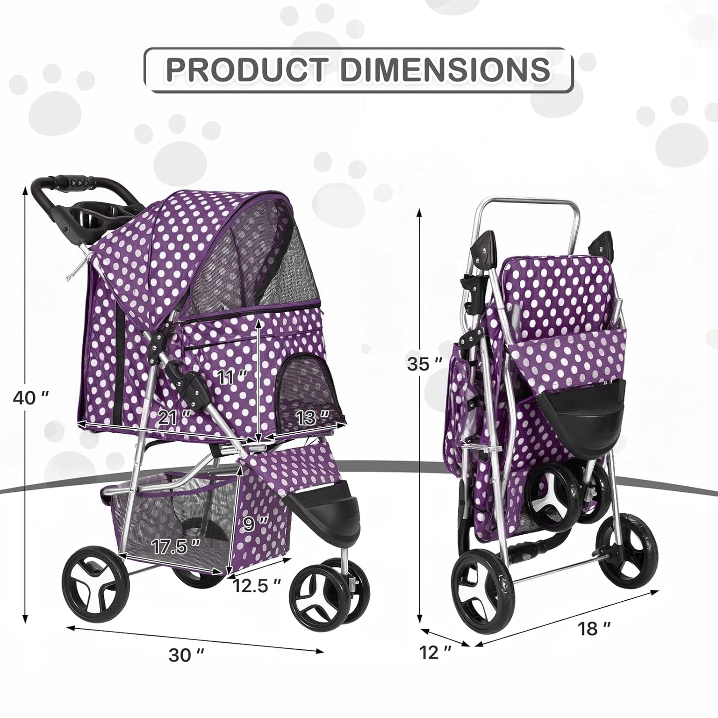 MoNiBloom 3 Wheels Pet Dog Cat Stroller for Small Medium Dogs Cats, Foldable Jogger Stroller w/Storage Basket and Cup Holder, Purple Polka Dots