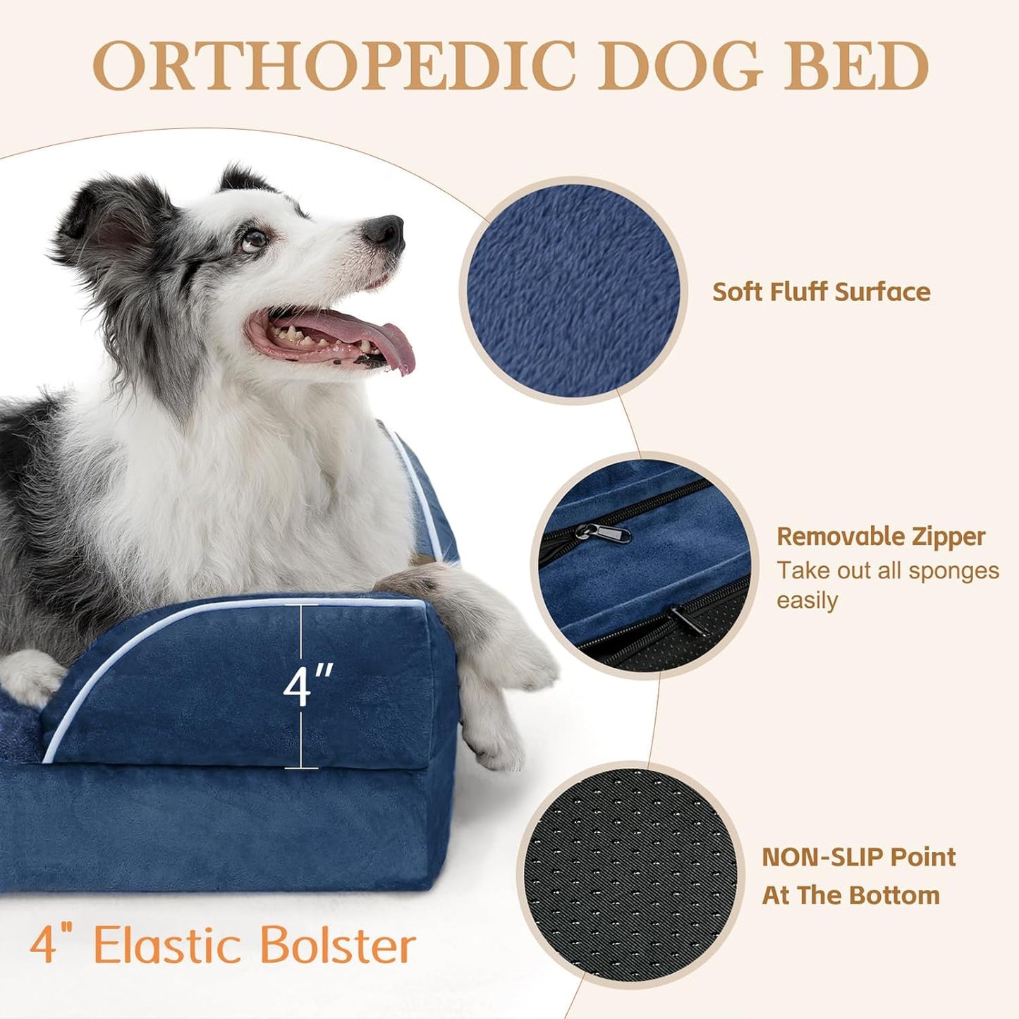 Comfort Expression Medium Dog Beds Waterproof Orthopedic Foam Dog Sofa Beds for Medium Large Dogs Comfy Pet Bed with Washable Removable Cover & Non-Slip Bottom(Medium,Navy Blue)