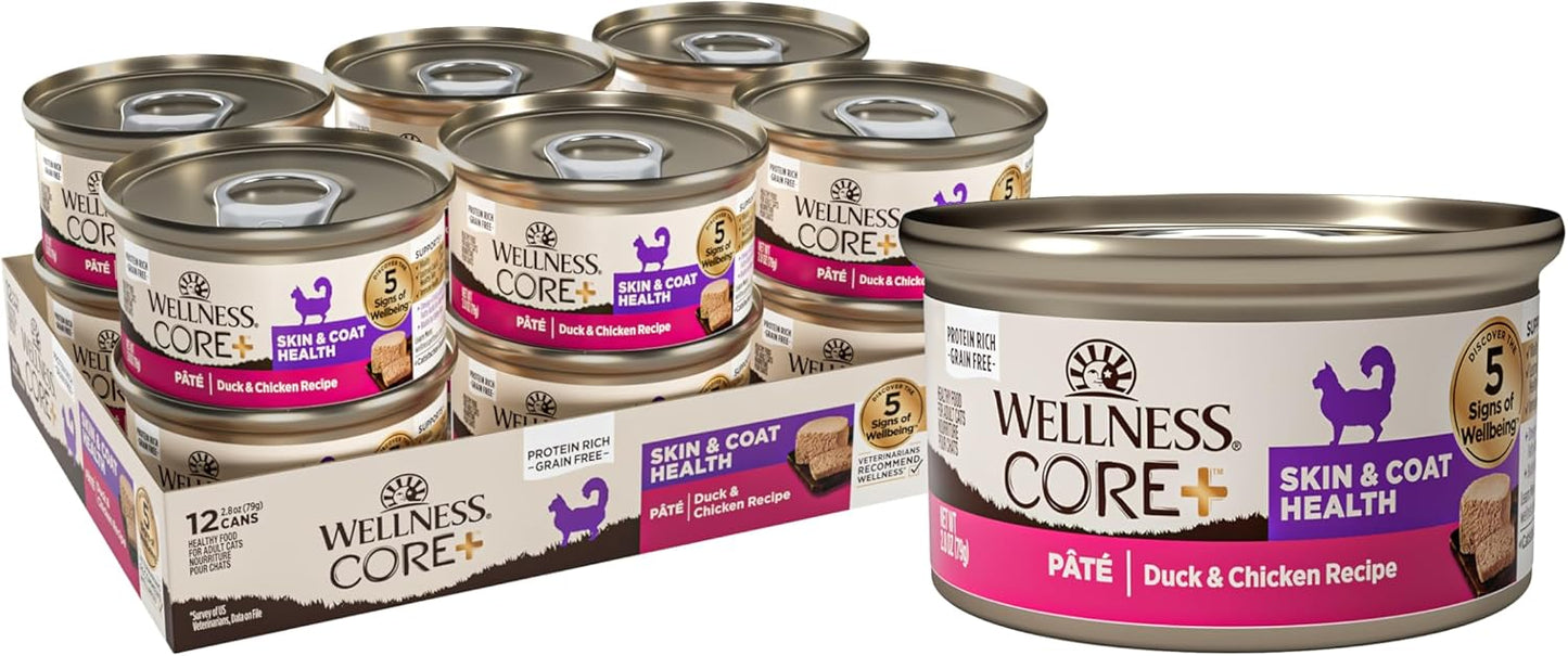 Wellness CORE+ Skin & Coat Pate Adult Wet Cat Food, Natural, Protein-Rich, Grain Free, 2.8 Ounce, 12 Pack (Duck & Chicken)