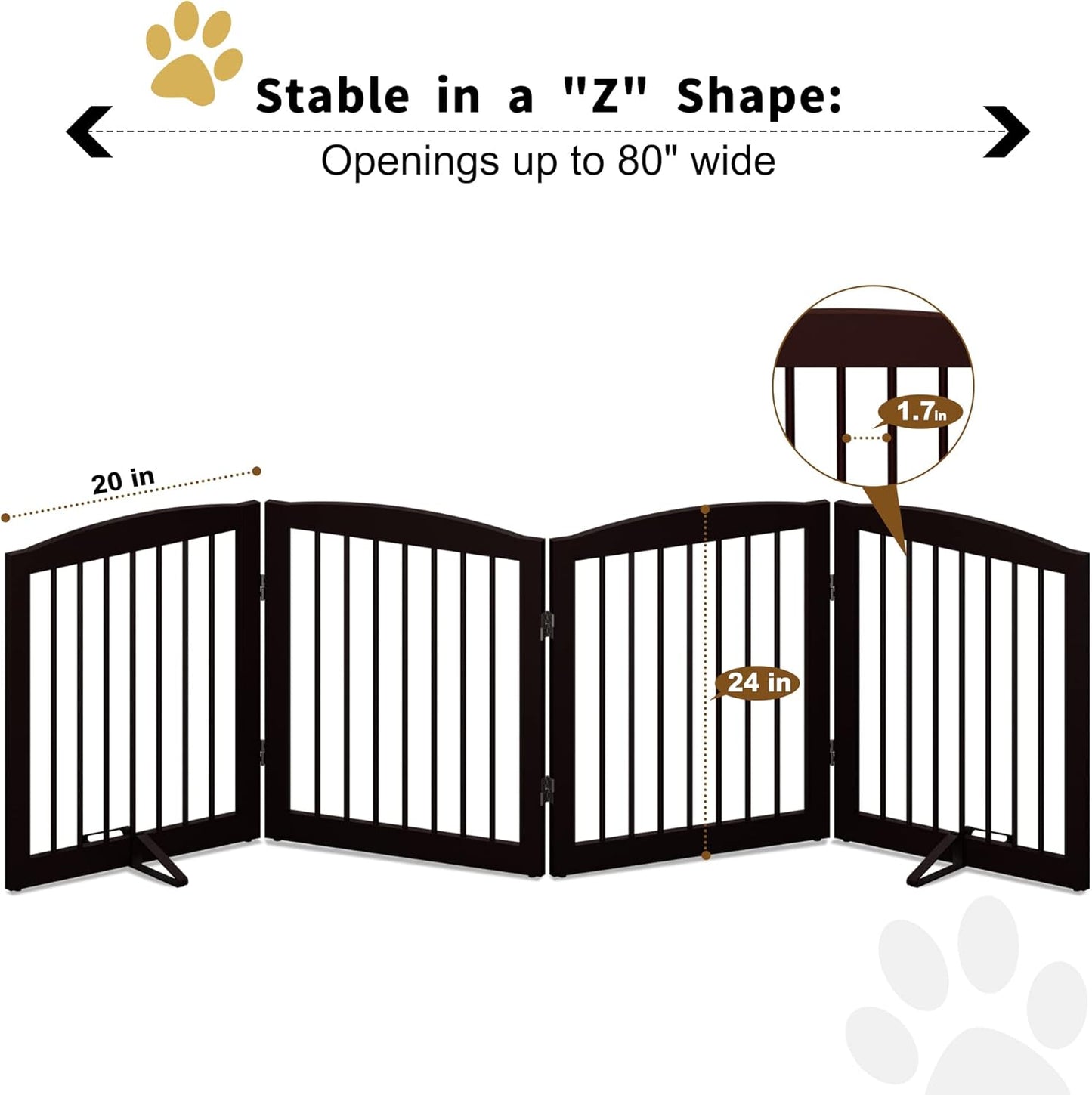 Freestanding Pet Gate for Dogs, Foldable Wooden Dog Gate for House, Indoor Dog Gate for Stair, Doorway, Gates for Dogs Indoor, 80 Inch Wide, 4 Panels 24",Brown