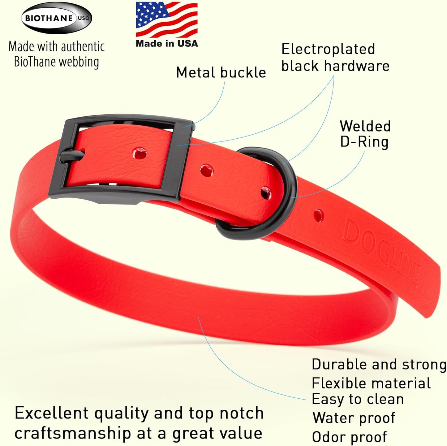 Dogline Biothane Waterproof Dog Collar Strong Coated Nylon Webbing with Black Hardware Odor- Proof for Easy Care Easy to Clean High Performance Fits Small Medium or Large Dogs, Cherry Red