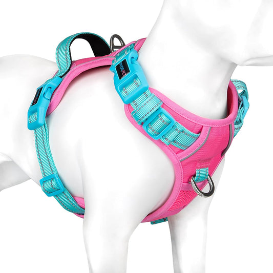 PHOEPET No Pull Dog Harness, Unique Colors Reflective Adjustable Dog Vest, with Soft Training Handle Metal Clips for Small Medium Large Dogs (Pink Base & Green Straps,L)