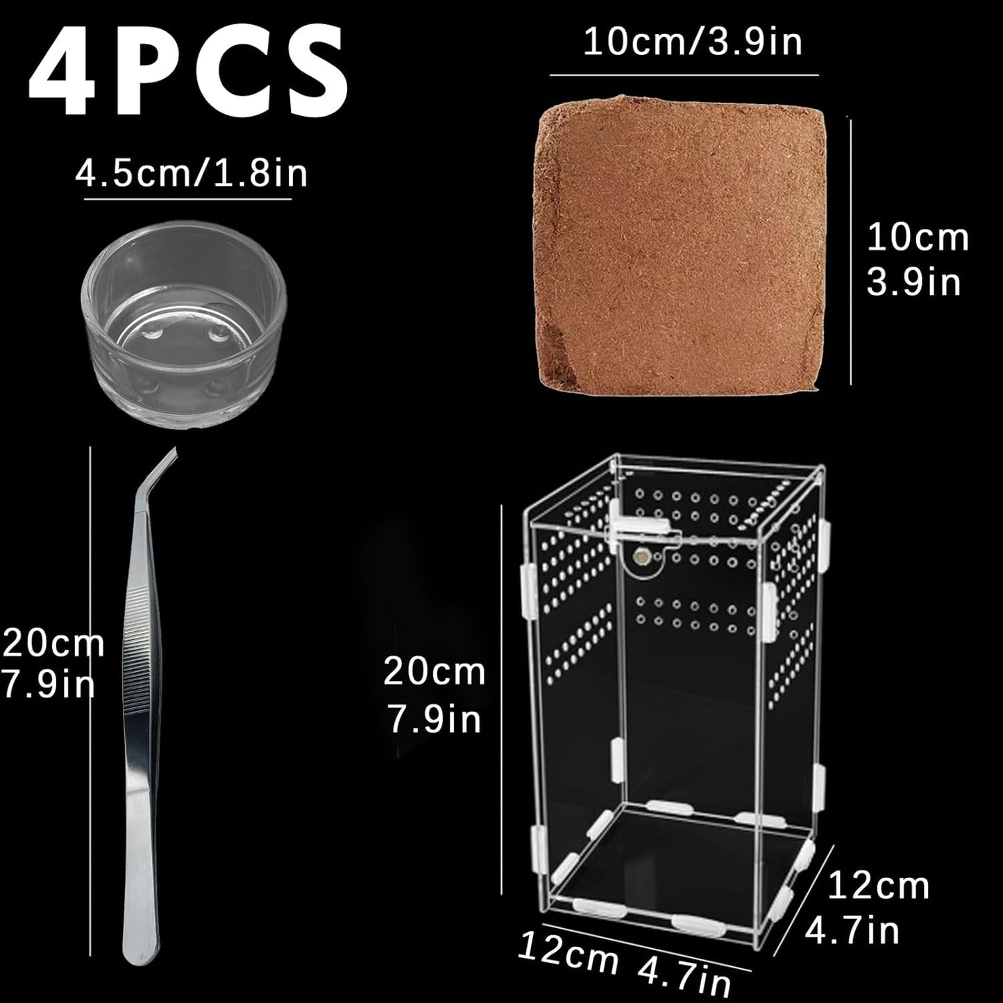 Micro Habitat Terrarium Kit (4pc Set) - Acrylic Reptile & Spider Enclosure (4.7 * 4.7 * 8 Inches)