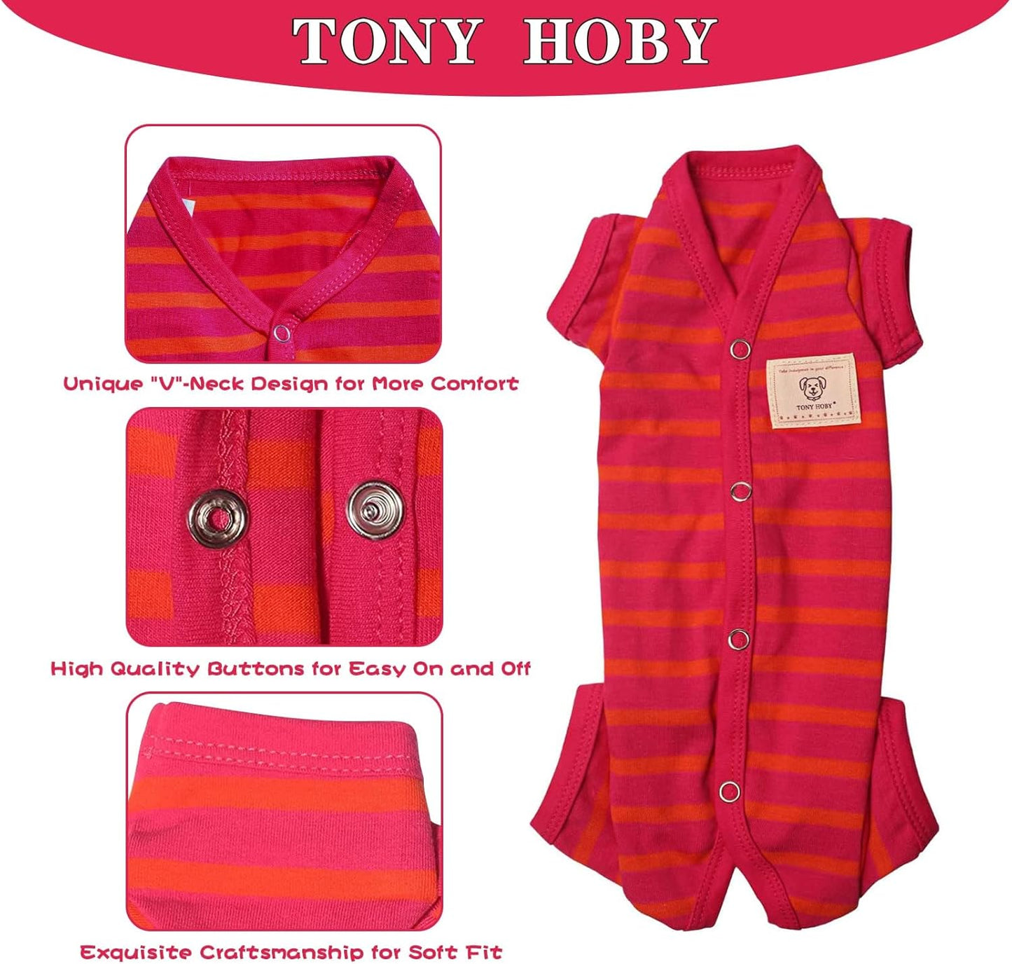 TONY HOBY Female/Male Dog Pajamas, Dog Jumpsuit 4 Legged Pajamas with Stripes, Soft Cotton for Comfortable Sleep (Rose Red&Orange, Boy, XS)