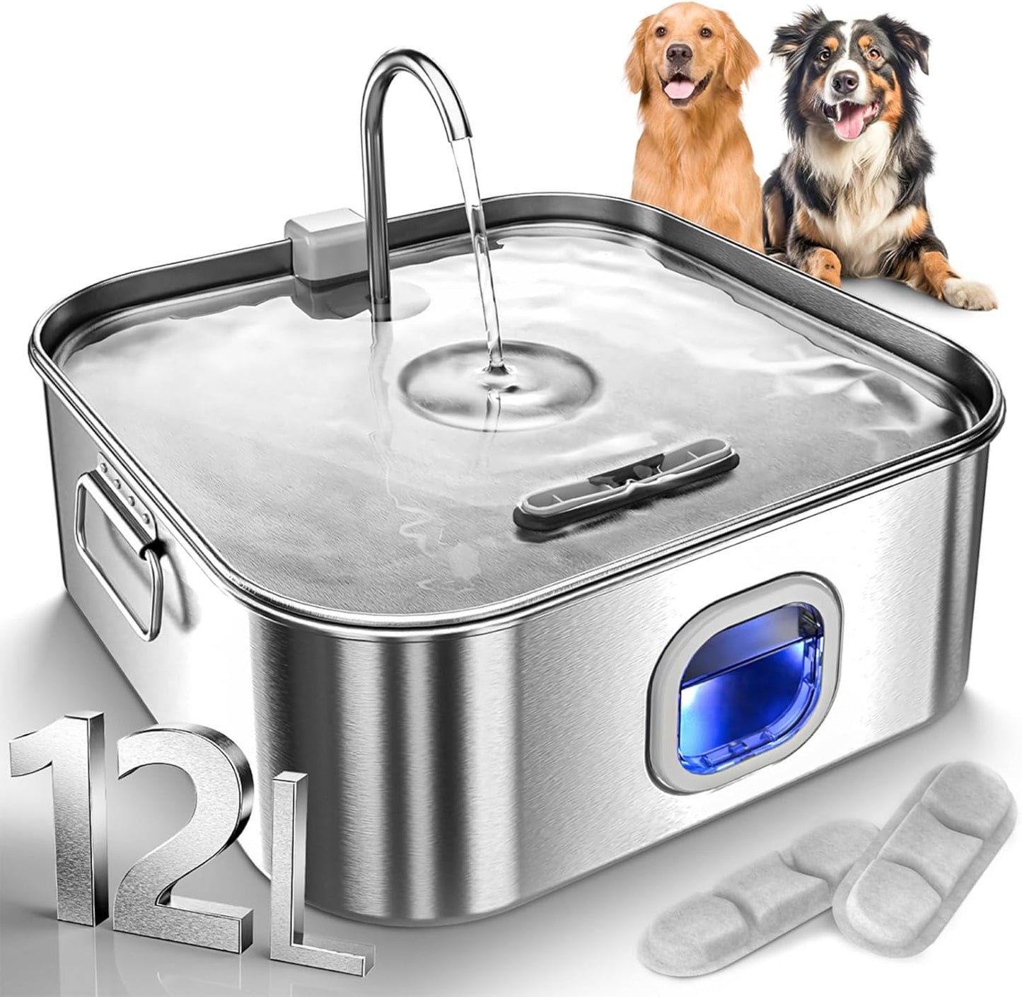 Dog Water Fountain Stainless Steel, 410oz/3.2Gal/12L Large Pet Water Fountain for Large Dog, Dog Water Bowl Dispenser with Water Level Window & LED Indicator, Super Quiet, with 2pcs Filters