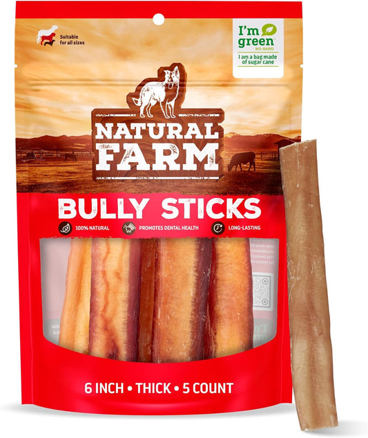 Natural Farm Odor-Free Thick Bully Sticks (6”, 5-Pack) All-Natural Long-Lasting Dog Chews, 100% Beef Pizzle, Grass-Fed, Grain-Free, Protein for Muscle Development & Energy, Perfect for Medium Chewers
