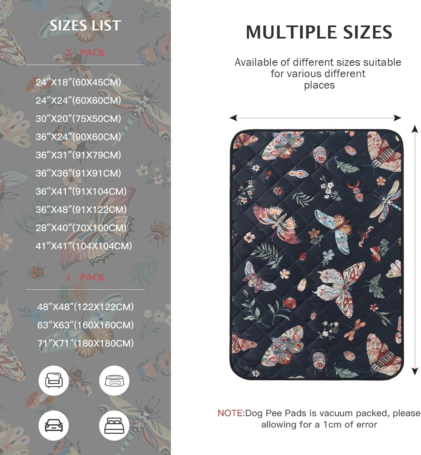 IEUUMLER Washable Pee Pads for Dogs, 1 Pack Insect Pattern Reusable Waterproof Puppy Potty Pads, Non-Slip Absorbent Pet Training Pads for Playpen Crate Bed EU014