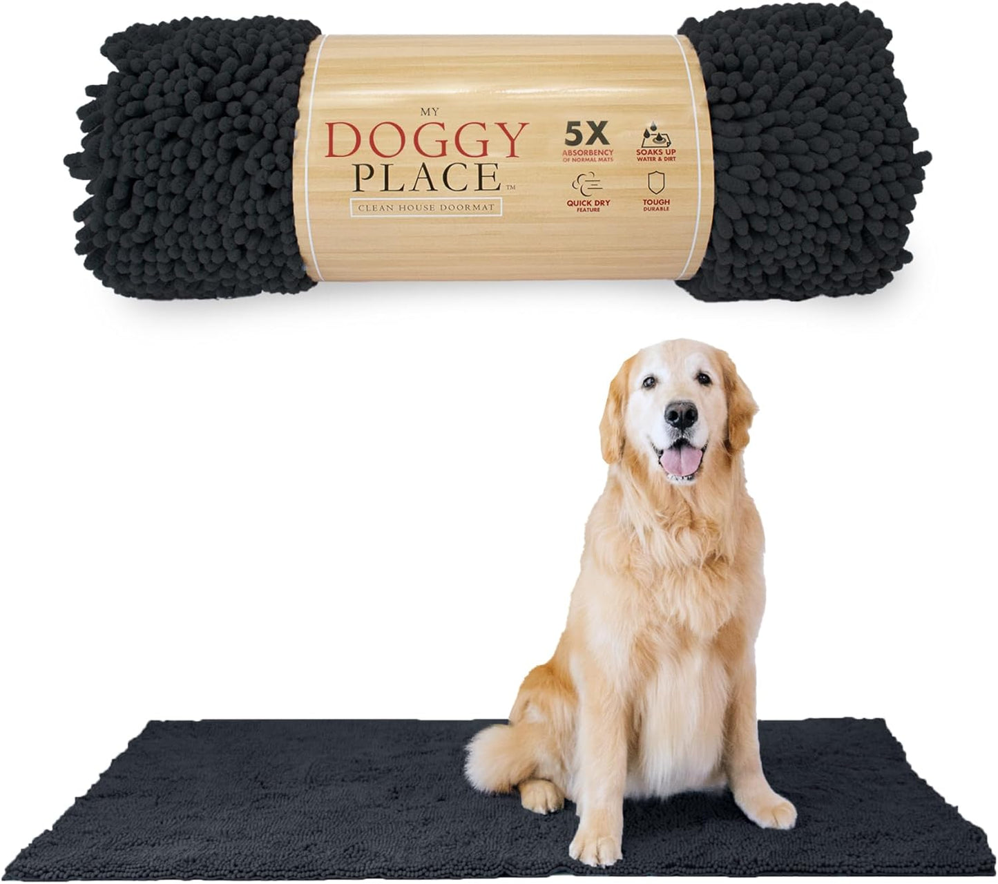 My Doggy Place Microfiber Dog Mat for Muddy Paws, 60" x 36" Charcoal - Non-Slip, Absorbent and Quick-Drying Dog Paw Cleaning Mat, Washer and Dryer Safe - X-Large/Runner