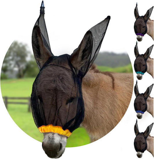 Donkey Fly Mask with Long Ears (Orange) Made in USA - Mule Fly Mask with Ears Protection from Insects and Bugs, Small Donkey Soft Mesh Fabric with Adjustable Fastener, Face Cover Supplies for Donkeys