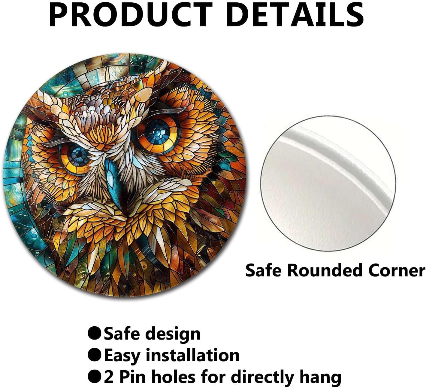 Lygond Metal Sign Tin Sign Circular Stained Glass Owl Metal Garden Sign for Club 12×12 Inches