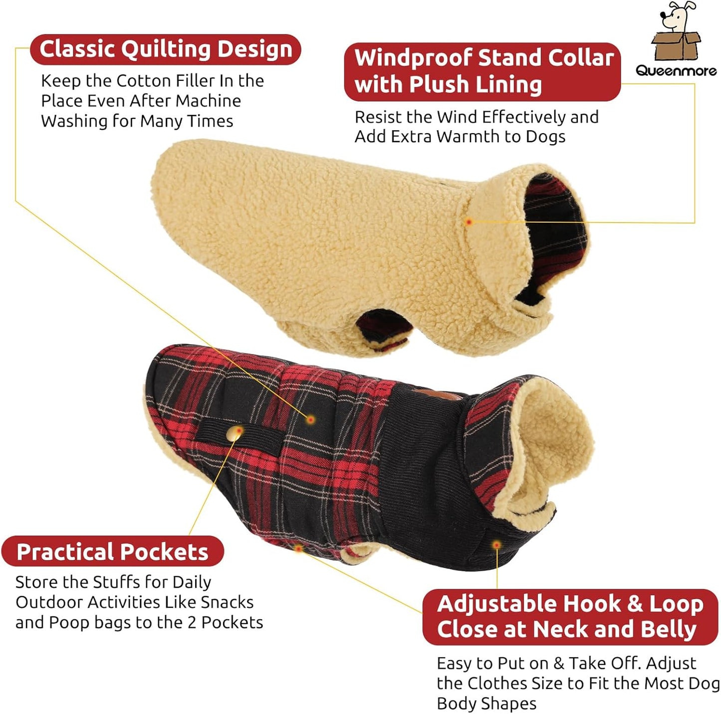 Queenmore Dog Winter Coat Warm Dog Jacket for Cold Weather, Quilting Puffer Plaid Coats for Small/Medium Dogs Waterproof,Girl/Boy Pet Christmas Coat,Pet Snowsuit with Leash Hole/Fleece Padding, XS