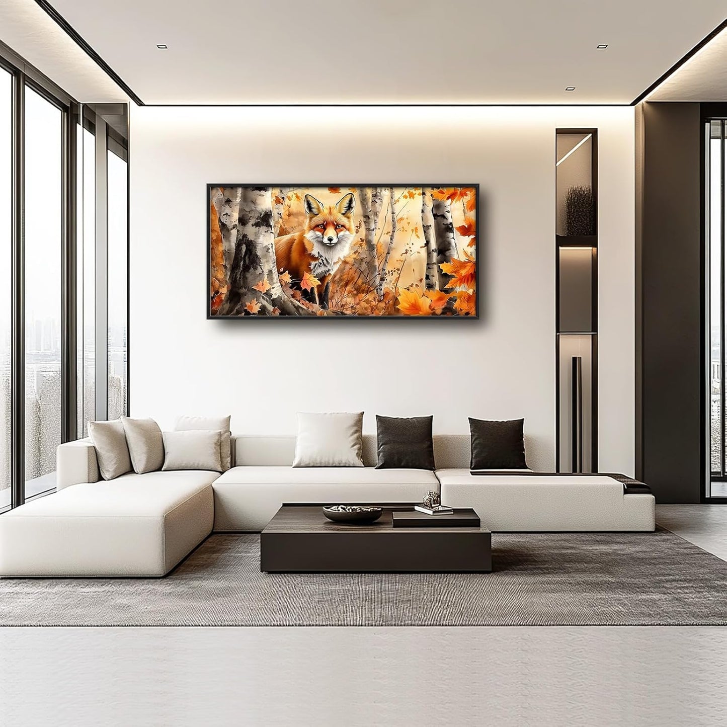 Large Fox Wall Art for Living Room, Framed Oversized Fall Autumn Forest Wall Decor Tree Maple Leaves Canvas Painting Modern Artwork for Living Room Bathroom Bedroom Office Dining Room 60"x30"