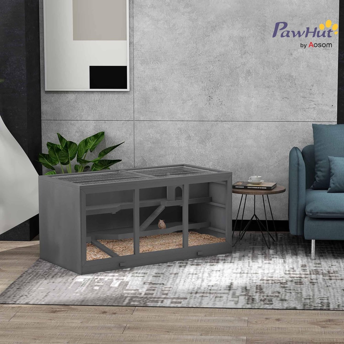 PawHut 45" Extra Large Wooden Hamster Cage, 3-Layer Chewproof Rat Cage with Opening Roof, Hut, Ramps, for Gerbil, Dwarf & Syrian Hamsters, Gray