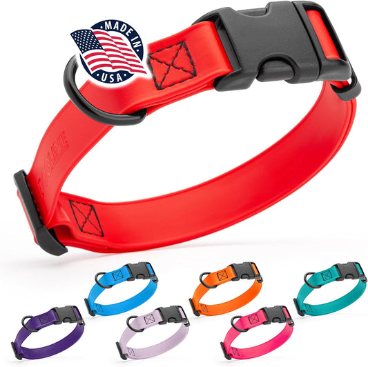 Dogline Biothane Waterproof Dog Collar with Quick Release Buckle Strong Coated Nylon Webbing with Odor- Proof for Easy Care Easy to Clean Fits Small Medium Large Dogs, Red 5/8" W 9-14" L