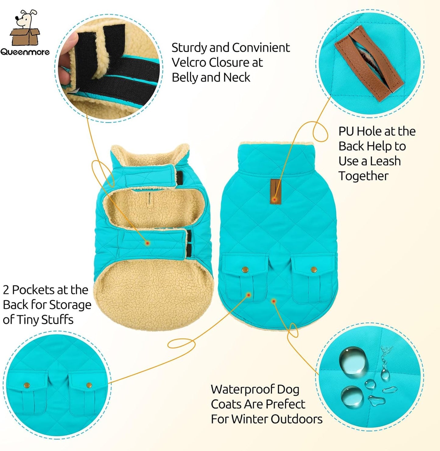 Queenmore Warm Dog Coat, Cold Weather Puffer Dog Coat Vest, Quilting Winter Pet Jacket Ultra Thick Plush Fleece Lining Pet Clothes for Dogs with Storage Pockets (Light Blue, X-Small)