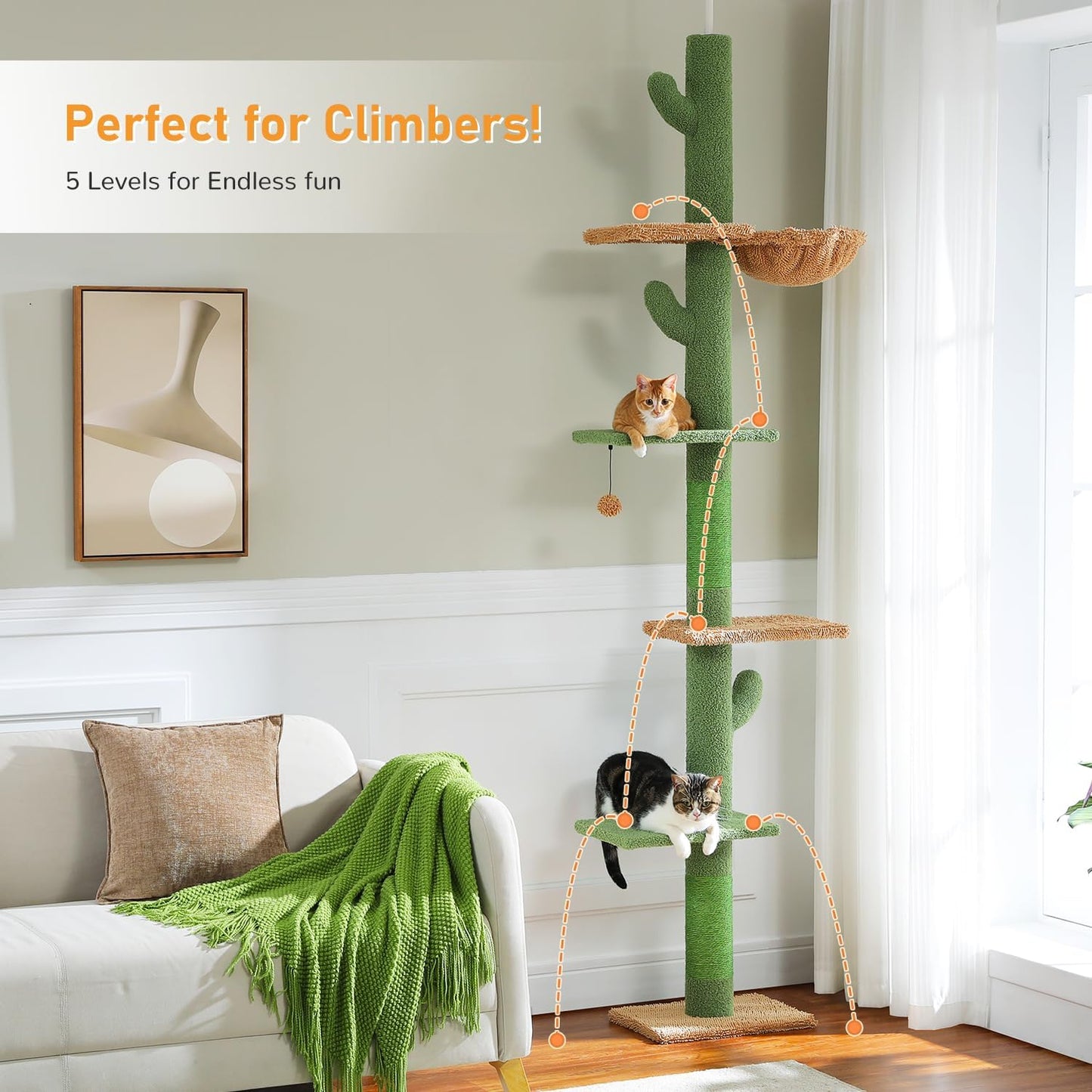 PAWZ Road Cat Tree, Cactus Floor to Ceiling Cat Tower with Adjustable Height(95-108 Inches), 5 Level Cat Climbing Tower with Cozy Hammock, Platforms and Dangling Balls for Indoor Cats