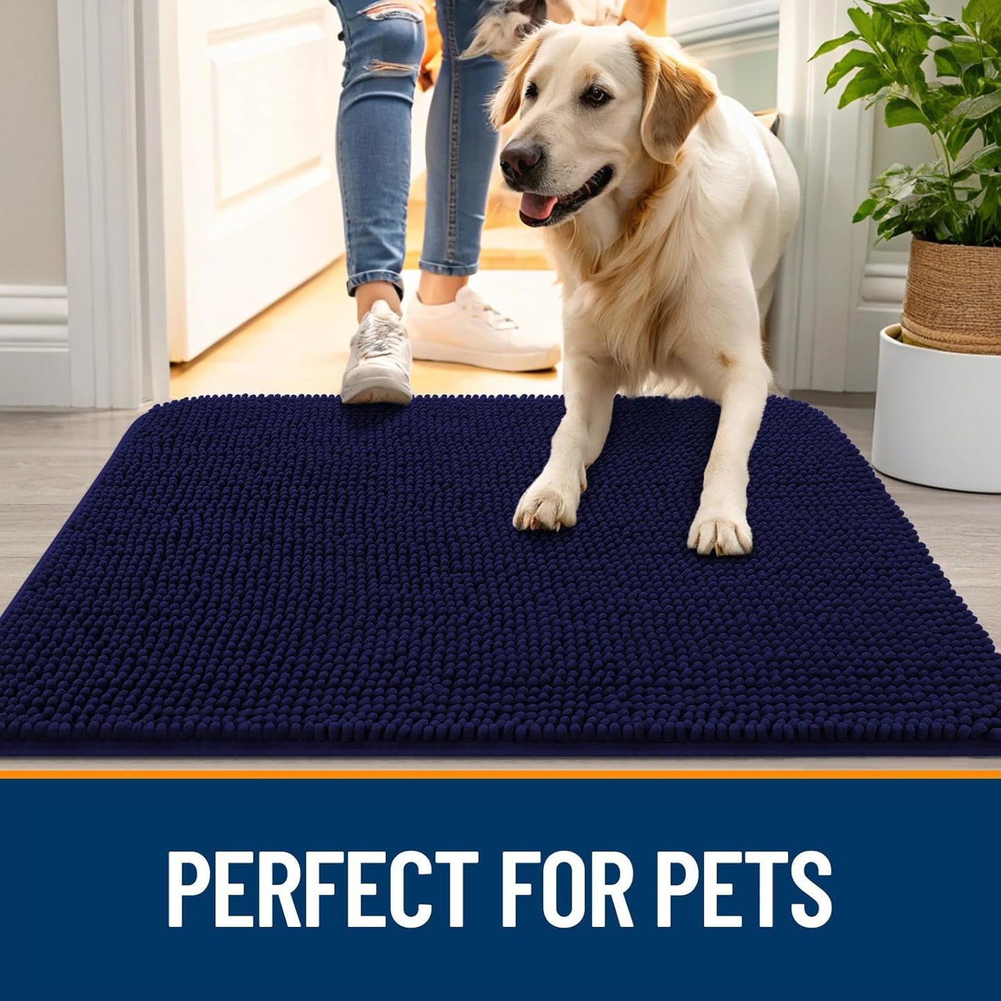OLANLY Dog Door Mat for Muddy Paws 47x32, Absorbs Moisture and Dirt, Absorbent Non-Slip Washable Doormat, Quick Dry Chenille Mud Mat for Dogs, Entry Indoor Entryway Carpet for Inside Floor, Navy Blue