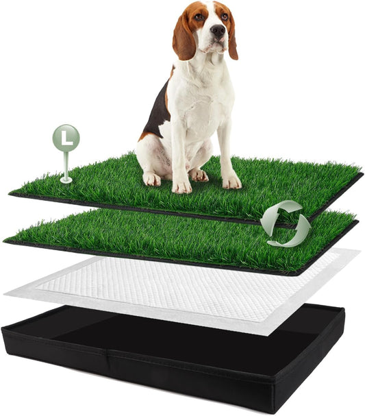 Dog Grass Pad with Foldable Dog Litter Box, Large Liner Base (33”×23”) for Balcony, 2 Artficial Grass Pee Pads for Dogs, Pee Pad Holder, Potty Training