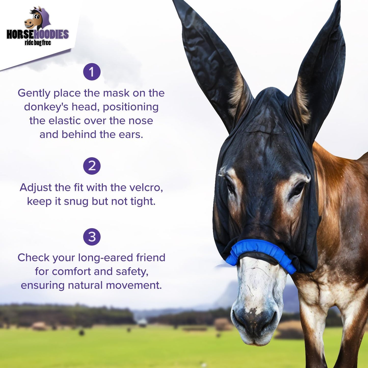 Donkey Fly Mask with Long Ears (Purple) Half Hoodie for Standard Donkey, Made in USA - Mule Fly Mask with Ears Protection from Insects and Bugs, Face Cover Soft Mesh Fabric with Adjustable Fastener