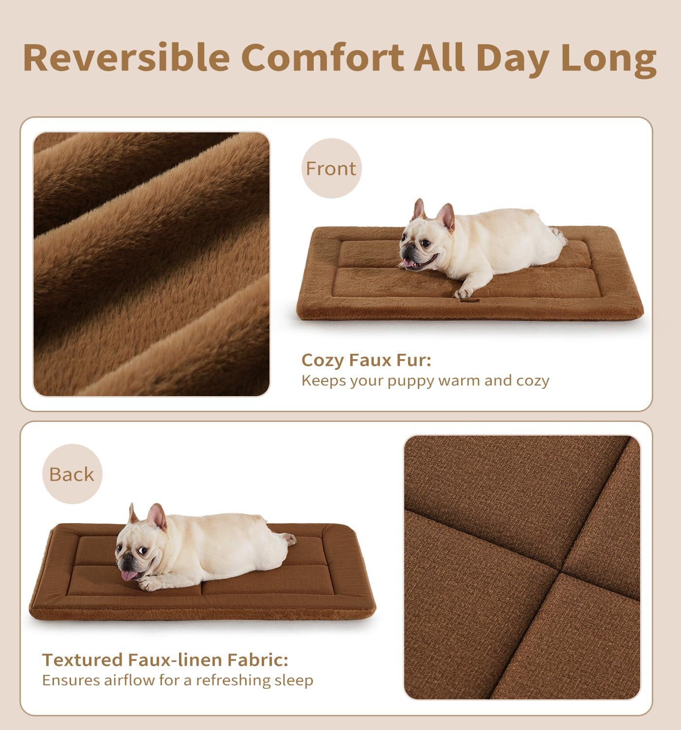 Made4Pets Dog Crate Pad Bed for Medium Dogs, Washable & Reversible, Anti-Slip Kennel Mat for Cozy Sleeping, Soft Fluffy Dog Bed for Indoor & Outdoor Use, 29"x21", Brown