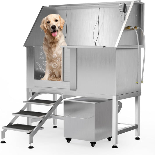 50" Stainless Steel Professional Dog Washing Station - Pet Bathing Tub w/Non-Slip Stairs & Storage Shelf | Slip-Resistant Floor Grate | for Large/Medium/Small Dogs
