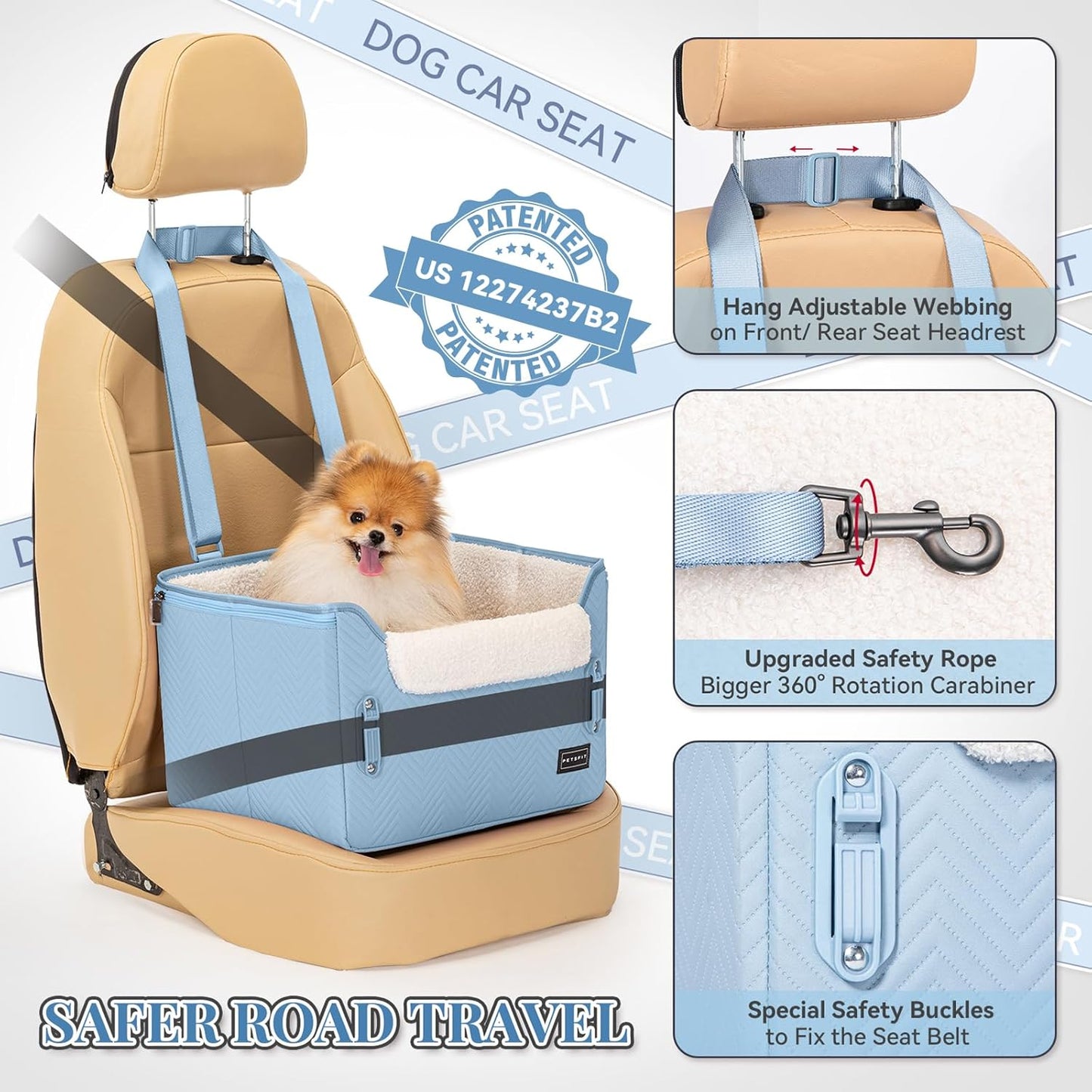 PETSFIT Dog Car Seat Medium Sized Dog, Stable Small Dog Car Seat for Car with Clip-On Leash, Fleece Liner Suitable for Small Pets Up to 25lbs (Blue)