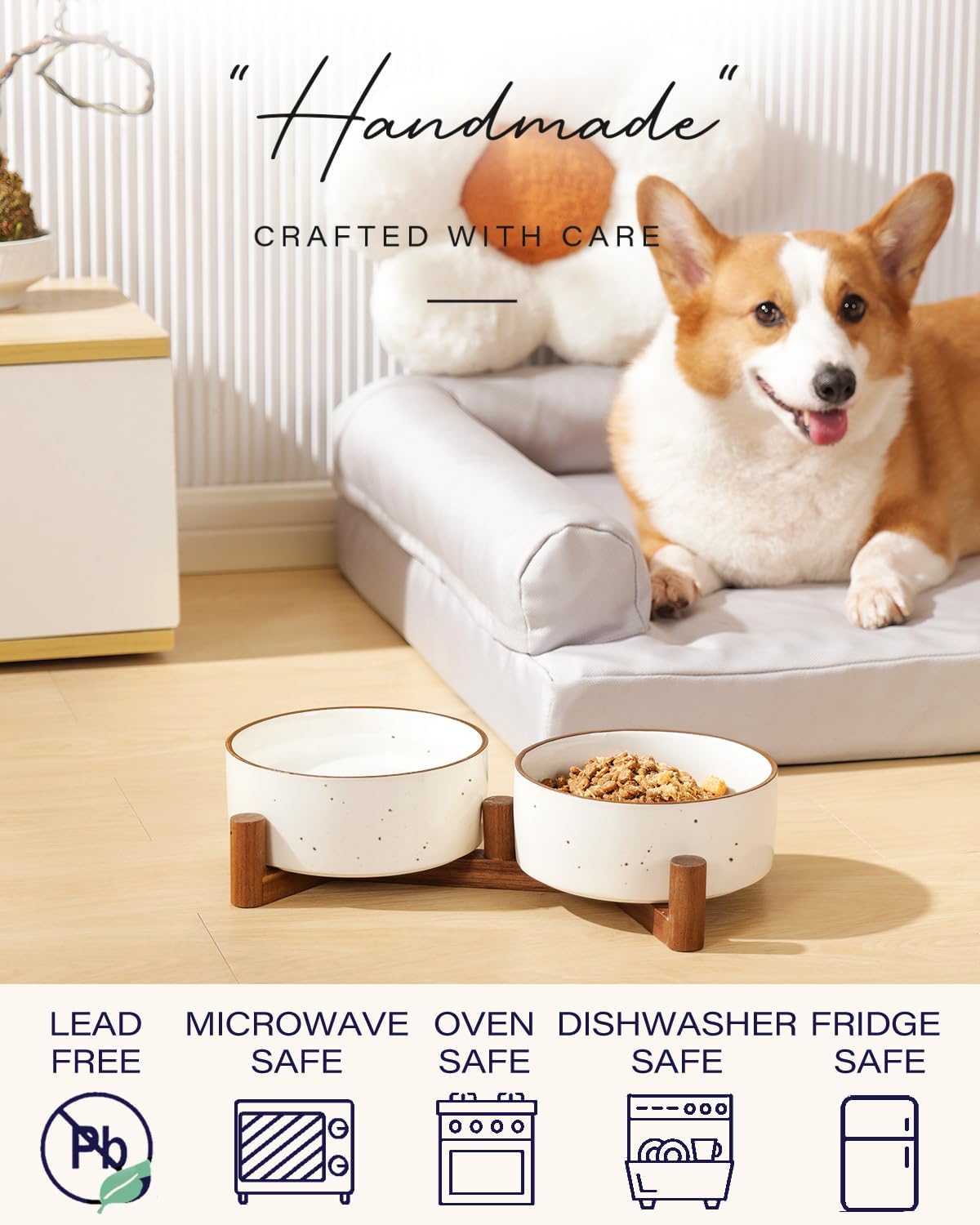 Getstar Ceramic Dog Bowls with Acacia Wood Stand, 30 fl oz, Set of 2, Dog Food Bowl with Colored Rim