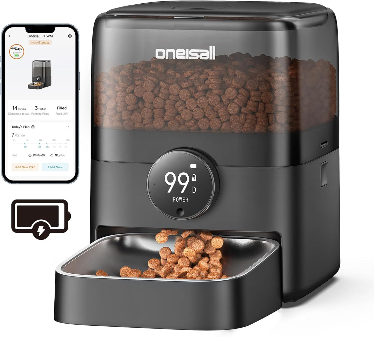 oneisall Cordless WiFi Automatic Cat Feeder, Tasty S2 Pro Rechargeable 100-Day Battery Operated Pet Feeder, 12 Cups/3L Timed Cat Food Dispenser for Large Kibble, Smart App Control (Black)
