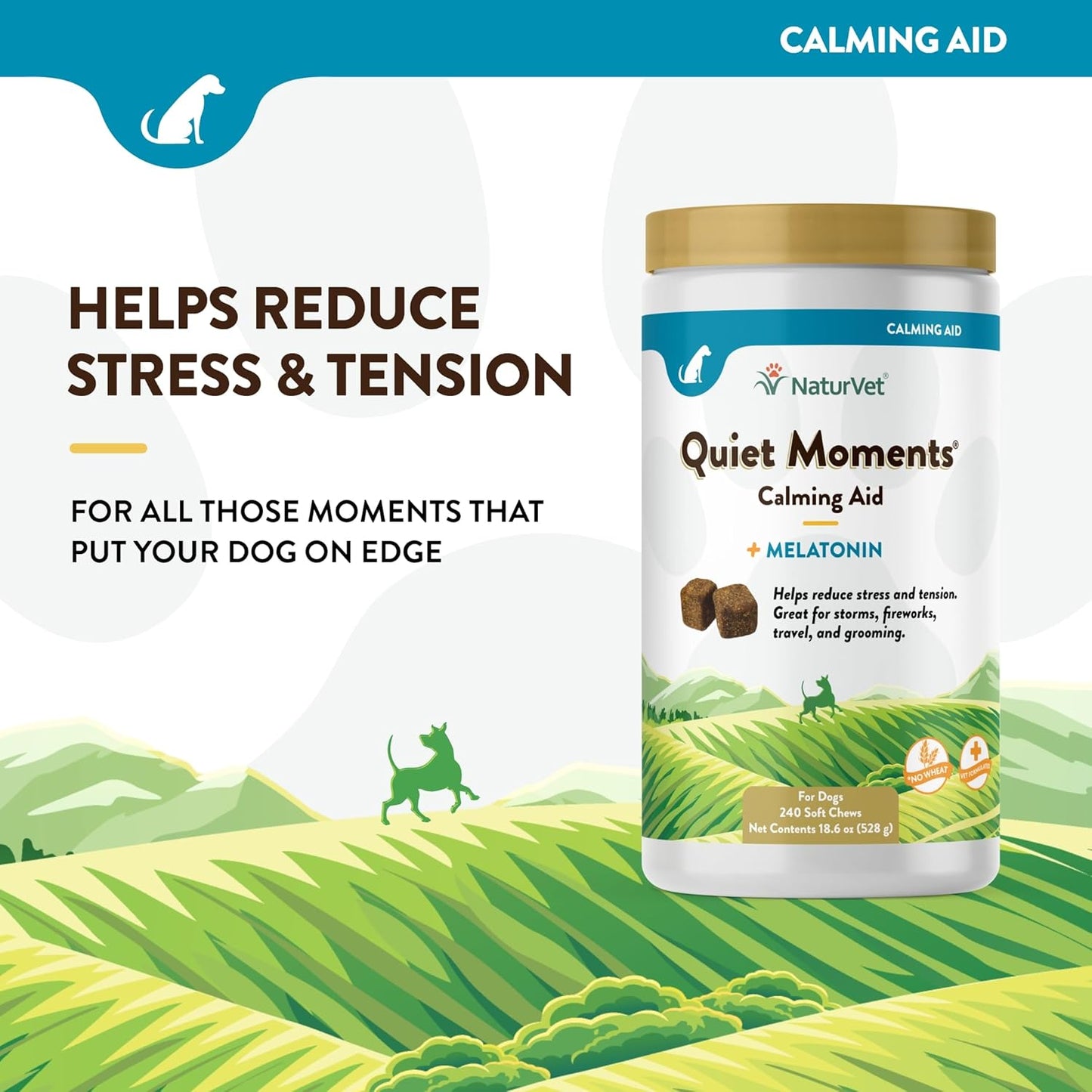 NaturVet Quiet Moments Calming Dog Supplement, Dog Soft Chews with Melatonin to Help Reduce Stress from Storms, the Vet, Fireworks, and Travel, Bacon and Chicken Flavored Pet Supplement, 240 Count Jar