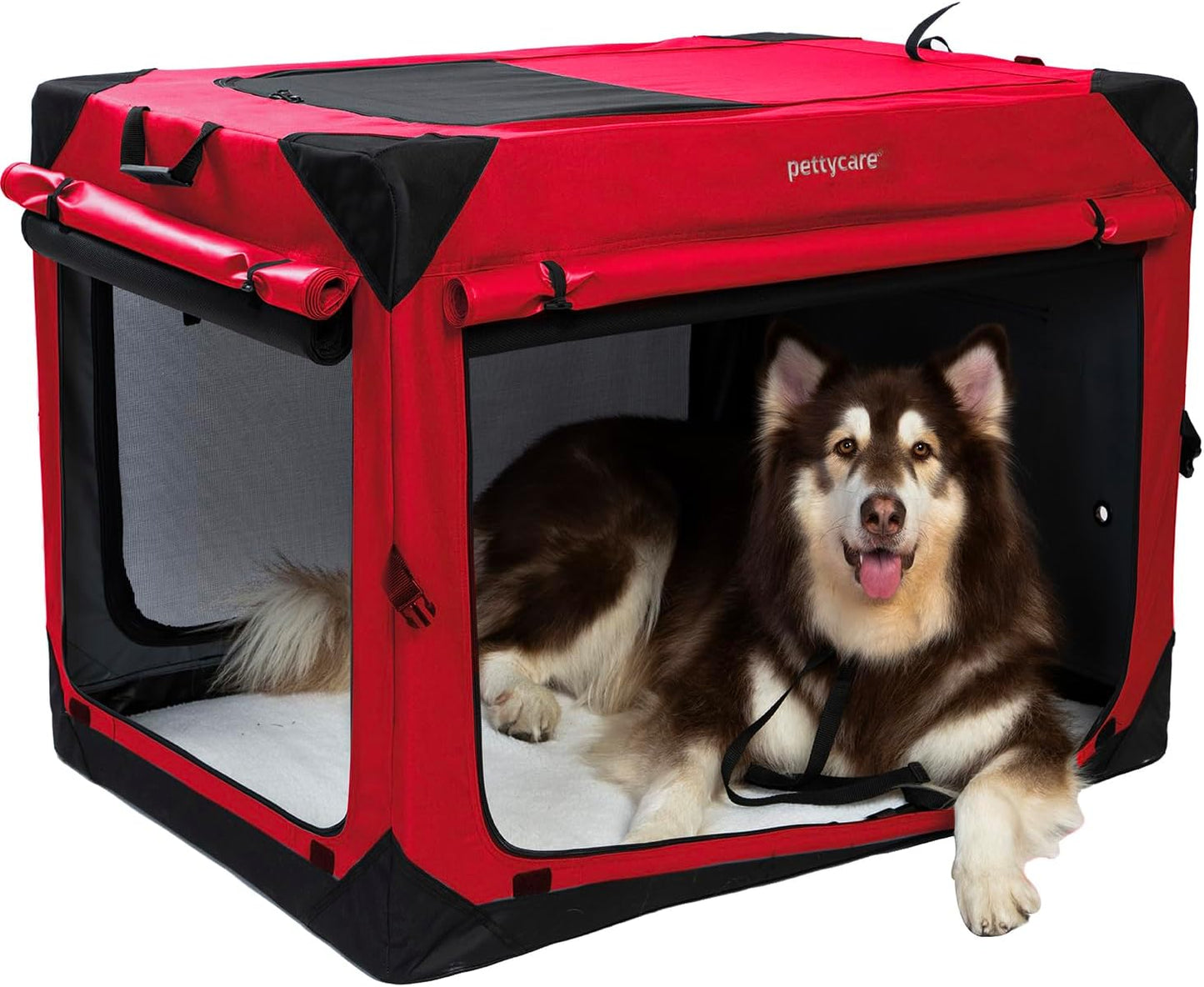 Pettycare 42 Inch Collapsible Dog Crate with Curtains Travel Dog Crate for Airflow and Calm Soft Pet Kennel with Portable Bag and More Chew Proof Mesh Indoor & Outdoor Red 4 Door Curtains