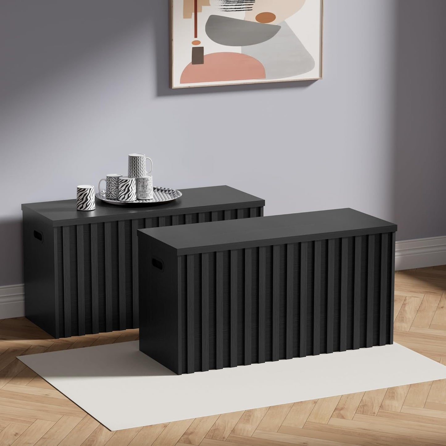 UEV Black Storage Bench Set of 2, 39.4" Fluted Wood Storage Trunk with 2 Safety Hinges, Sturdy Storage Chest, Storage Bench for Bedroom,Entryway, Living Room