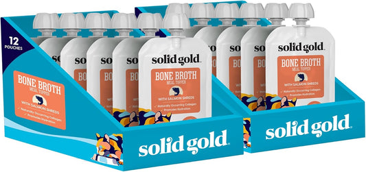 Solid Gold Bone Broth Cat Food Topper - Limited Ingredient Lickable Cat Broth Pouches w/Salmon Protein Shreds & Collagen for Hydration & Gut Support - Easy to Serve Gravy for Cats Meal Topper - 12ct