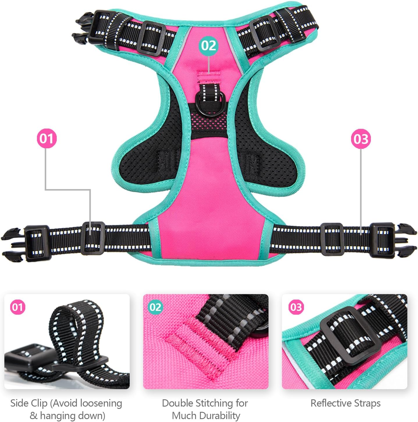 PHOEPET 2019 Upgraded No Pull Dog Harness, Reflective Adjustable Vest, with a Training Handle + 2 Metal Leash Hooks+ 3 Snap Buckles +4 Slide Buckles(S, Pink)